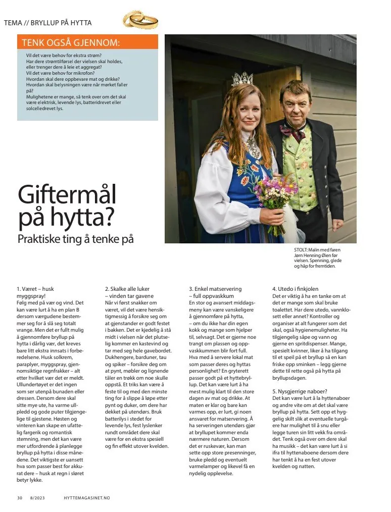 Oppslag fra reportasjen Bryllup på hytta i Aftenpostens Hyttemagasinet