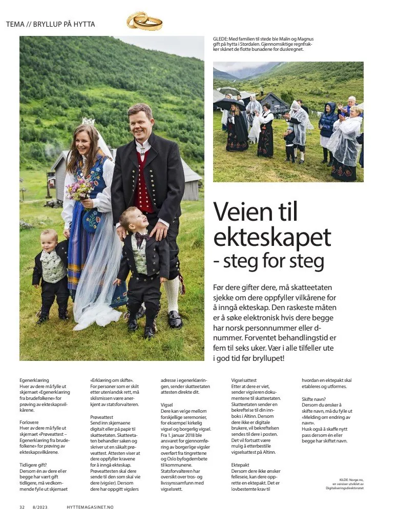 Oppslag fra reportasjen Bryllup på hytta i Aftenpostens Hyttemagasinet